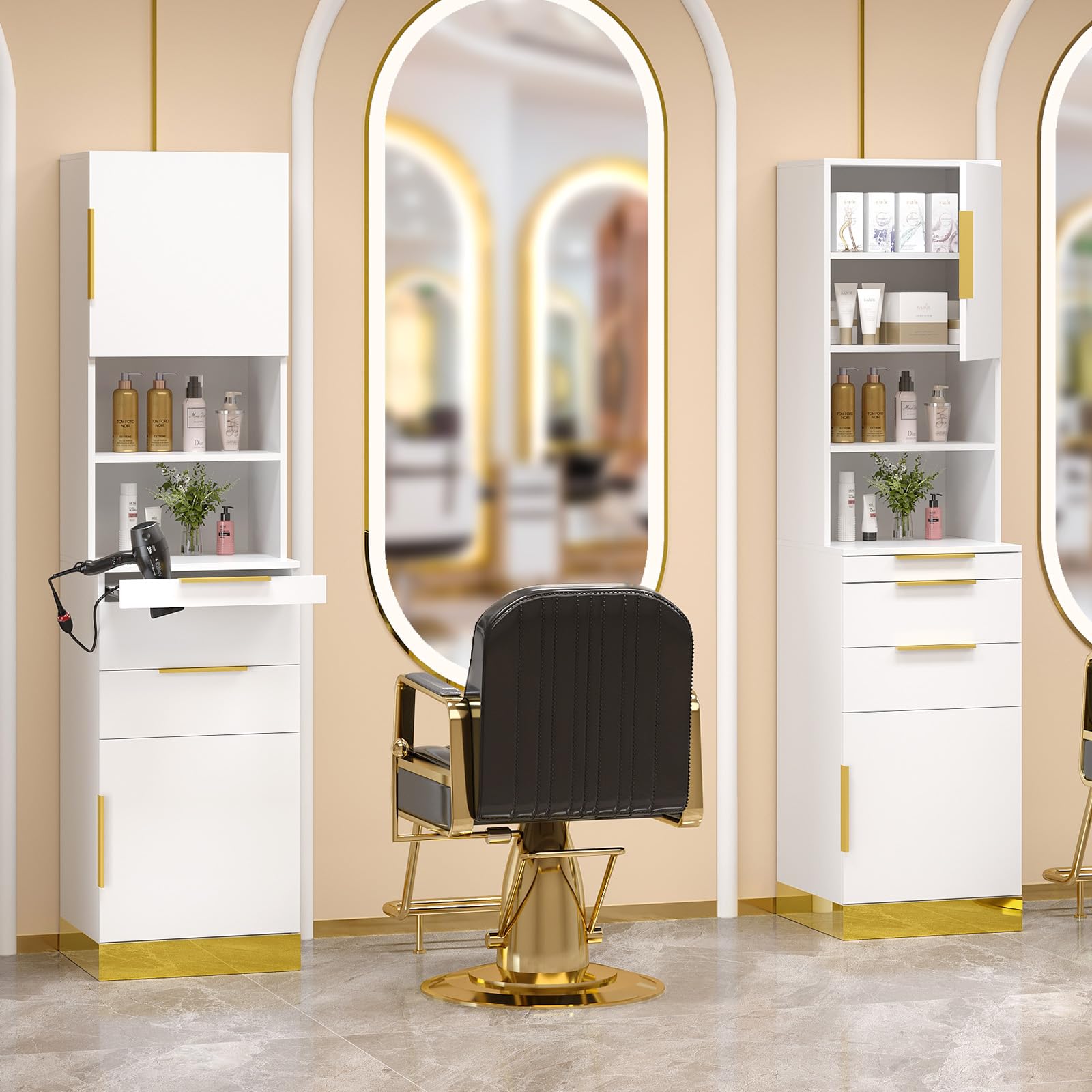 OmySalon HSCS Barber Storage Station Cabinet with 2 Drawers 2 Cabinets 2 Open Shelves 3 Hair Dryer Holders