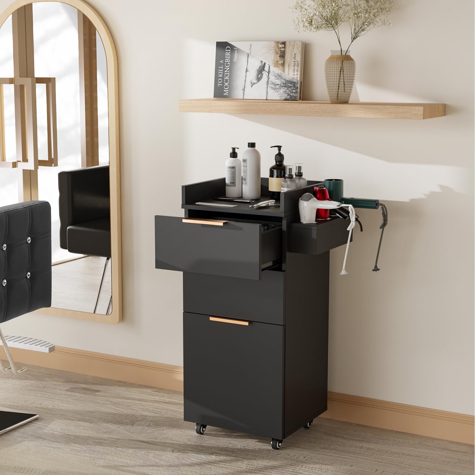 OmySalon ST-2001 Wooden Mobile Salon Trolley Cart w/Wheels & 2 Drawers 1 Storage Cabinet
