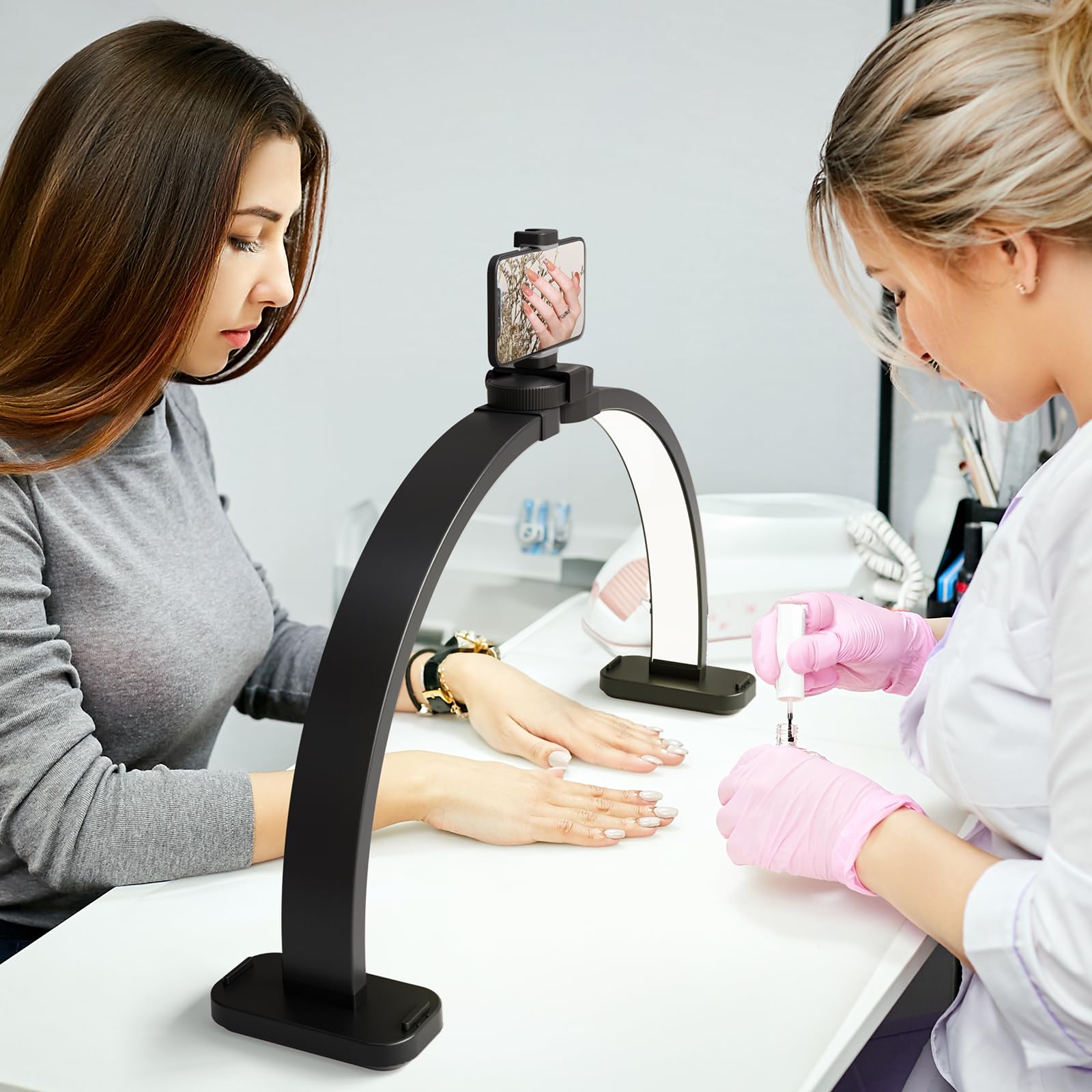 OmySalon 29" Foldable Shadowless Half Moon LED Nail Lamp with 3000-6500K Adjustable Color Temperature, Stepless Dimming & Phone Holder