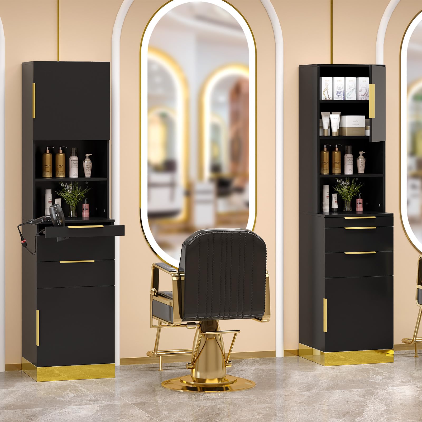 OmySalon HSCS Barber Storage Station Cabinet with 2 Drawers 2 Cabinets 2 Open Shelves 3 Hair Dryer Holders