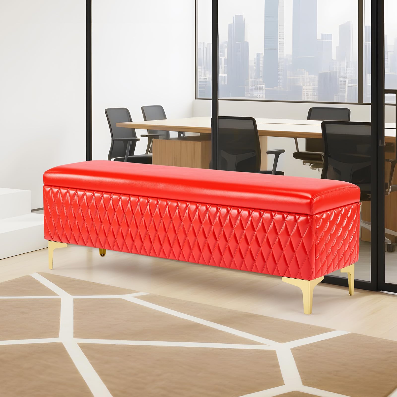 OmySalon WRB1701 53.7in Faux Leather Waiting Room Reception Bench Chair with Hidden Storage