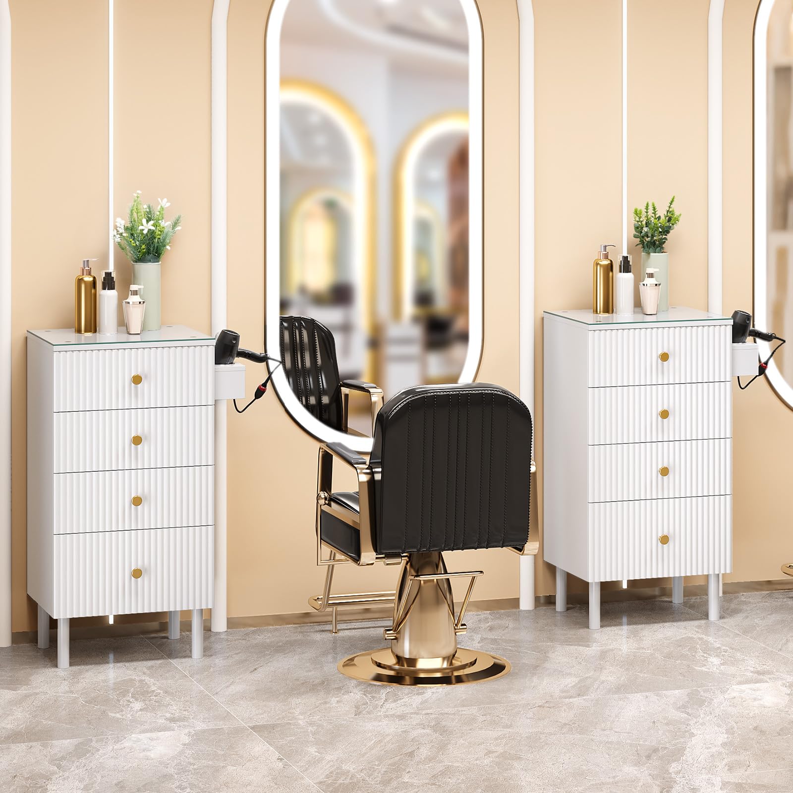 OmySalon SCWG Salon Styling Storage Station with Removable Glass Top & 4 Drawers 3 Hot Tool Holders
