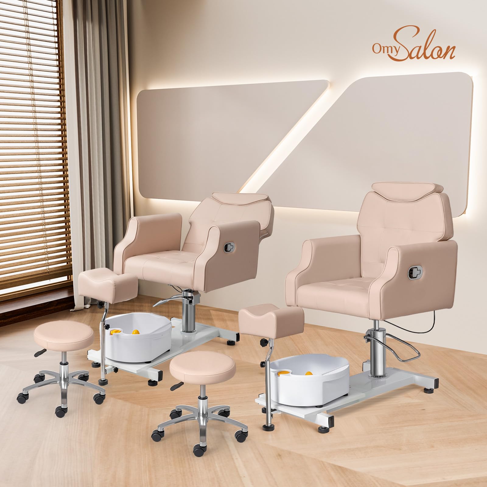 OmySalon PCM-WB 360° Rotation Hydraulic Pedicure Chair with Bubble Massage Foot Bath & Rolling Stool