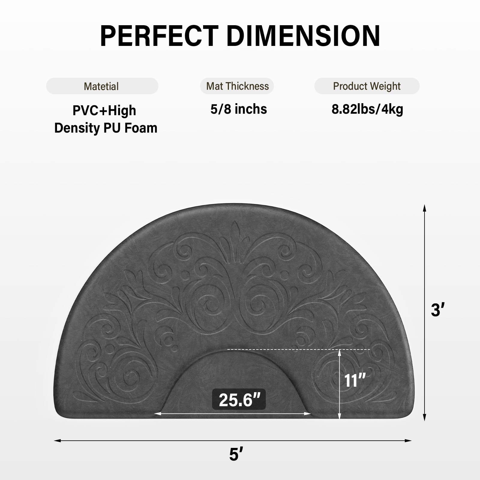 OmySalon 3'x5' Semi-Circle 3D Embossed Anti-Fatigue Salon Mat with Round Cutout 5/8" Thick