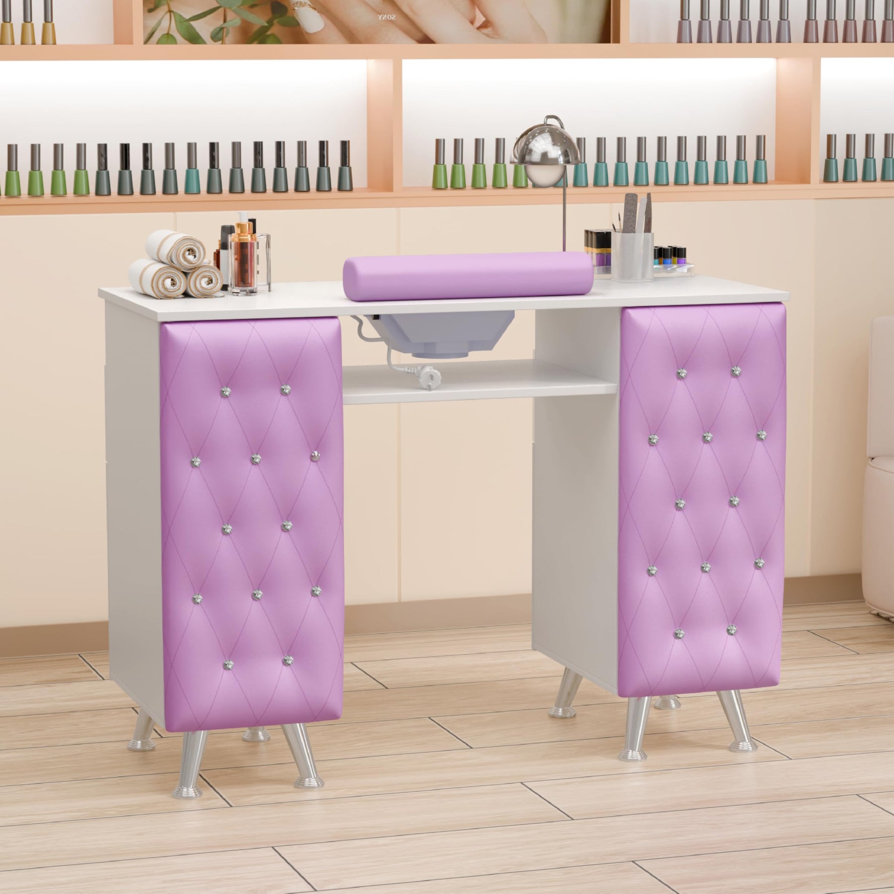 OmySalon MT-SC Nail Manicure Table w/Electric Dust Collector & Wrist Rest & Diamond Decoration