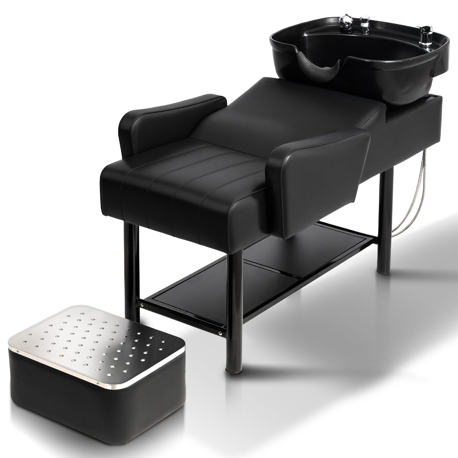 OmySalon BU2501 Salon Shampoo Backwash Unit with ABS Plastic Bowl & Storage Shelf & Freestanding Ottoman