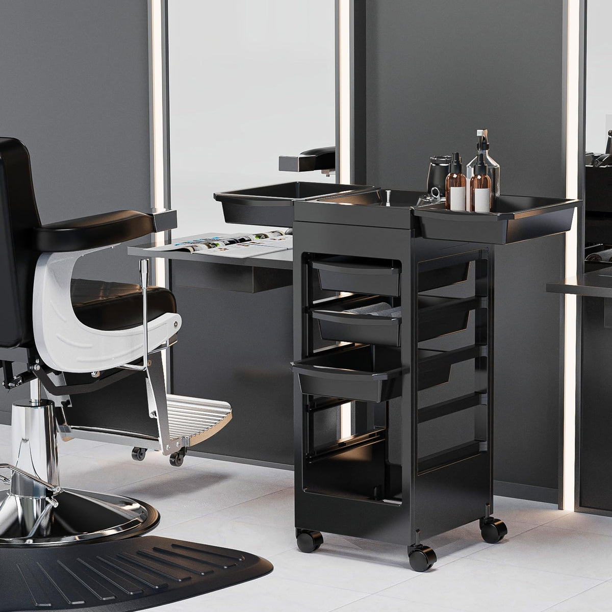 OmySalon ST1701 Rolling Salon Trolley Cart w/Wheels & 5 Drawers Hair Dryer Holders