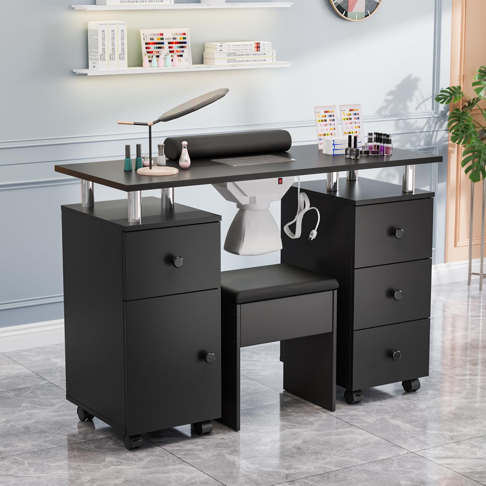 OmySalon MT-DCCH Nail Manicure Table and Chair Set w/Electric Dust Collector & Wrist Rest