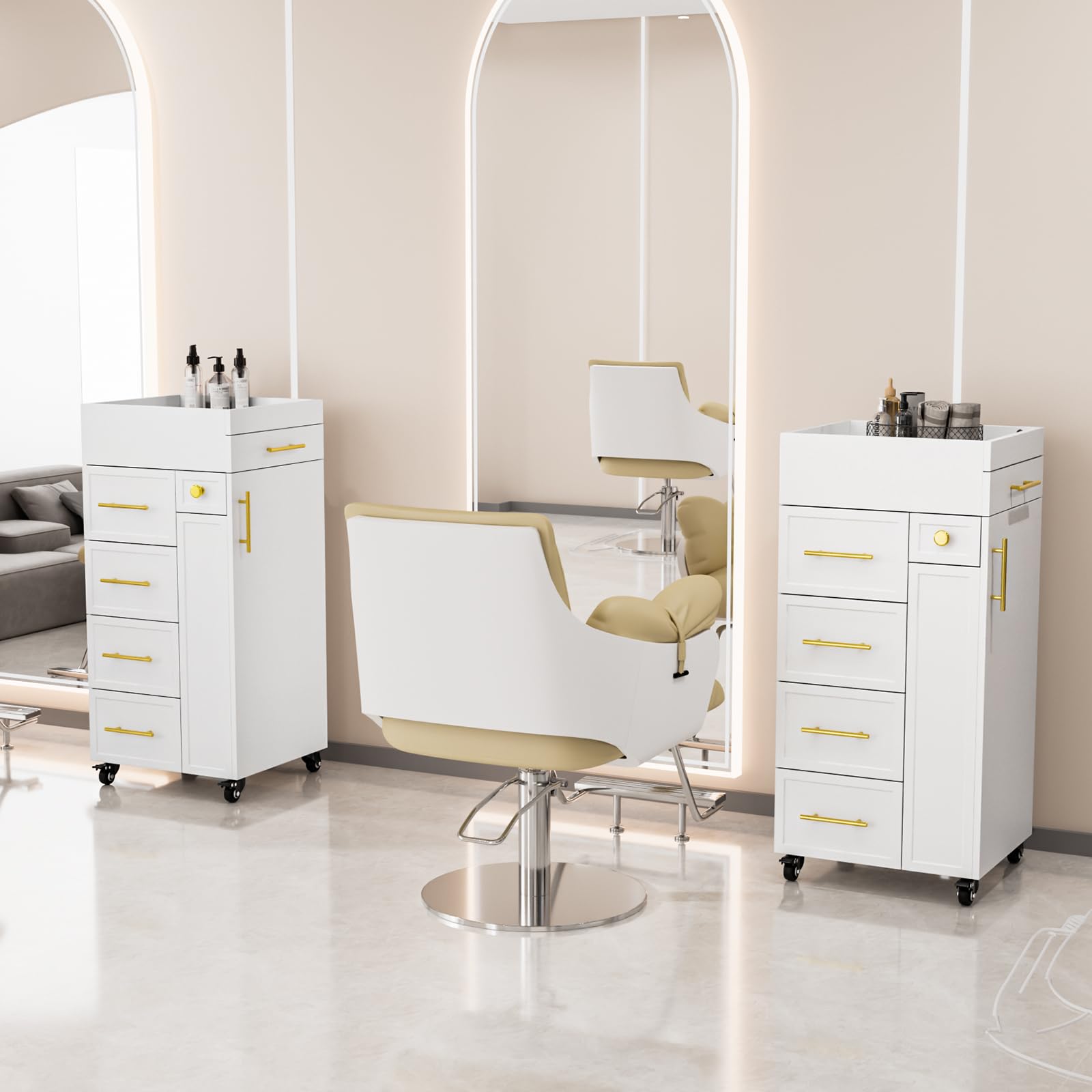 OmySalon SCFD Wooden Mobile Salon Trolley Cart w/Wheels & 5 Drawers 1 Cabinet 3 Tool Holders