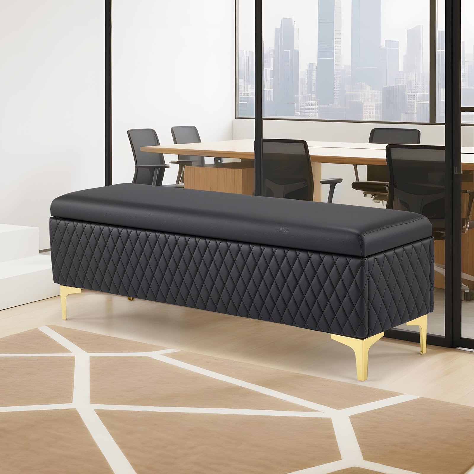OmySalon WRB1701 53.7in Faux Leather Waiting Room Reception Bench Chair with Hidden Storage