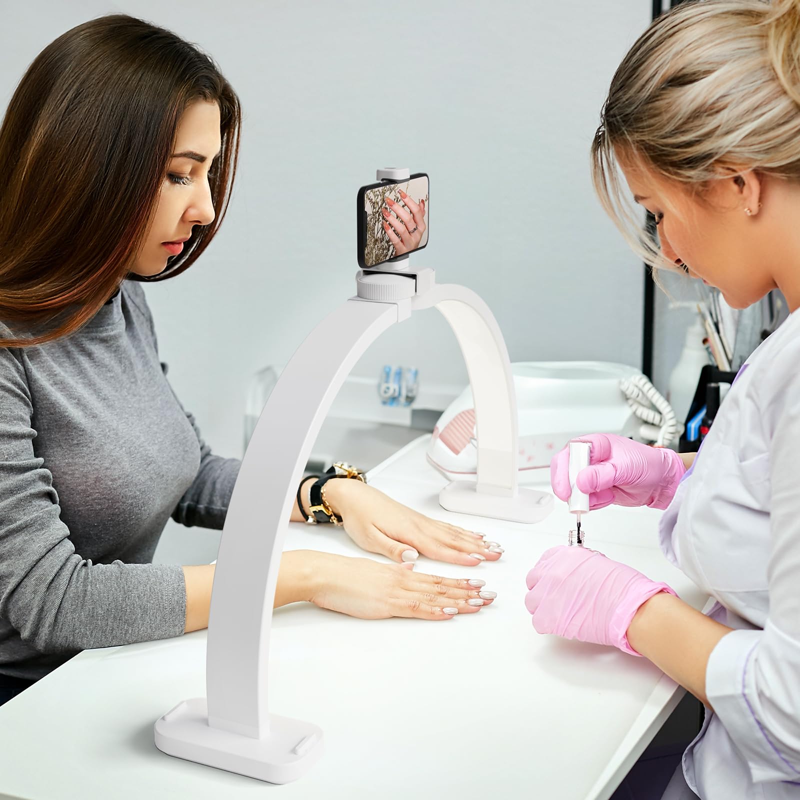 OmySalon 29" Foldable Shadowless Half Moon LED Nail Lamp with 3000-6500K Adjustable Color Temperature, Stepless Dimming & Phone Holder