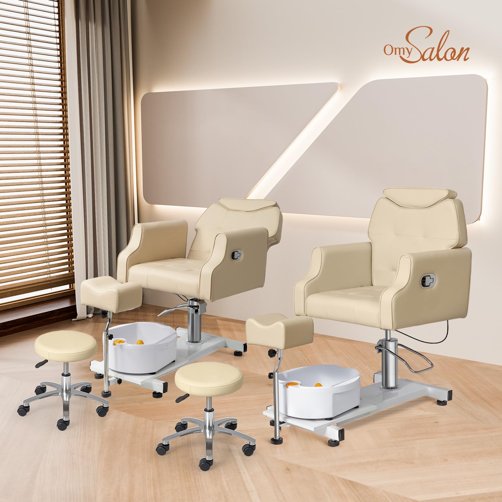 OmySalon PCM-WB 360° Rotation Hydraulic Pedicure Chair with Bubble Massage Foot Bath & Rolling Stool