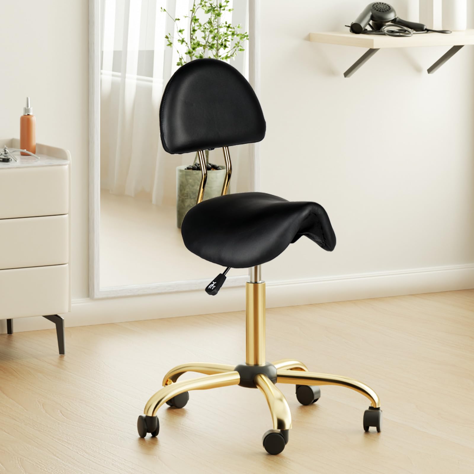 OmySalon Hydraulic Adjustable Rolling Saddle Stool with Back Support