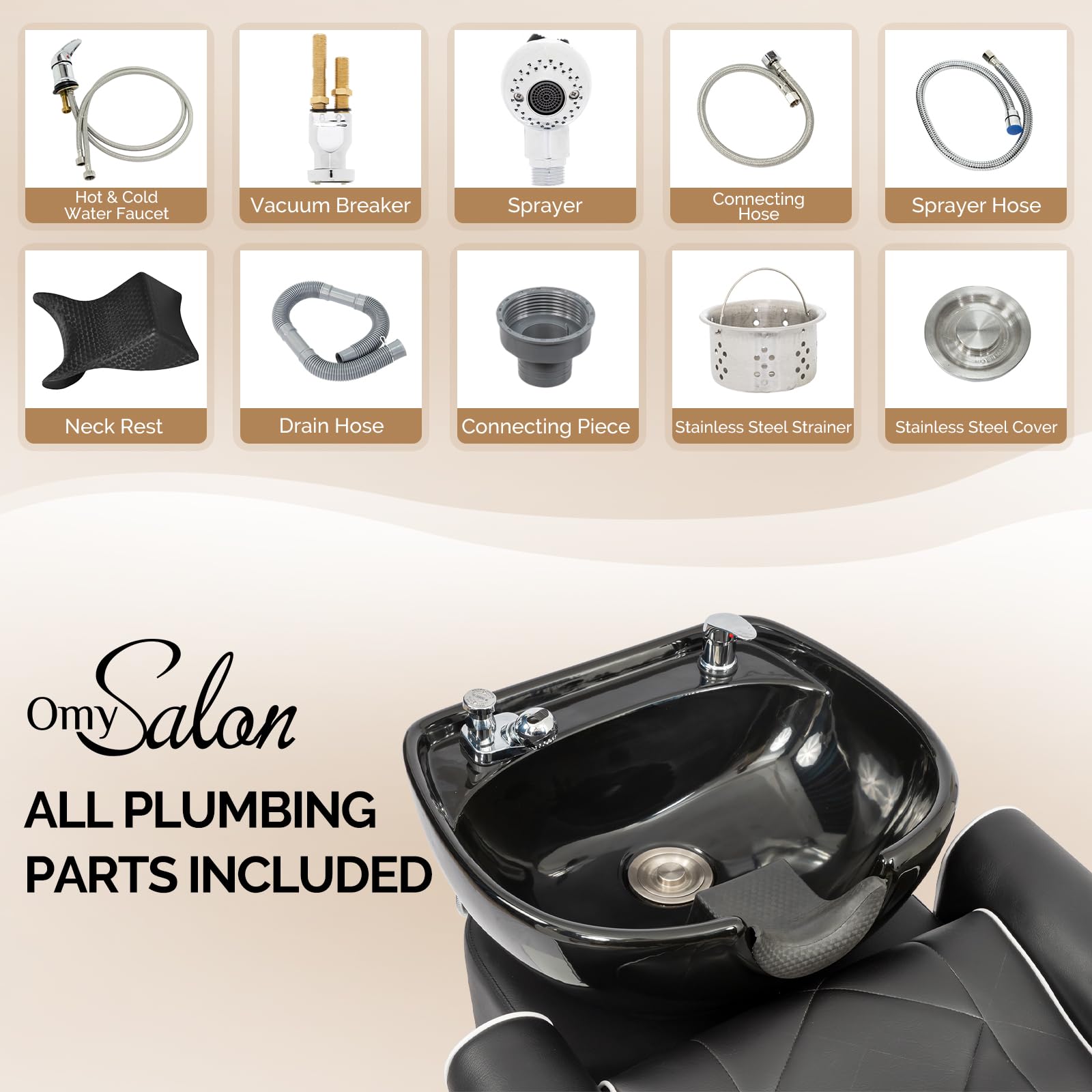 OmySalon BU1601 Salon Shampoo Bowl and Chair Backwash Unit with Large Porcelain Bowl & Independent Footrest
