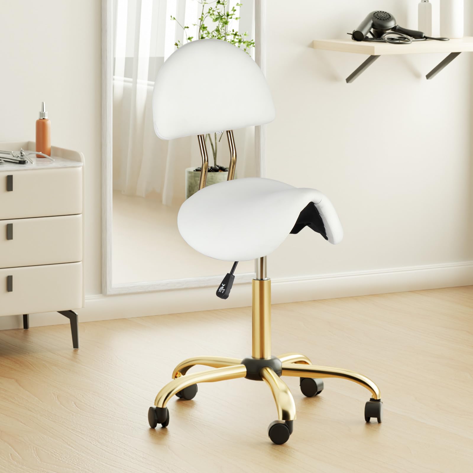 OmySalon Hydraulic Adjustable Rolling Saddle Stool with Back Support