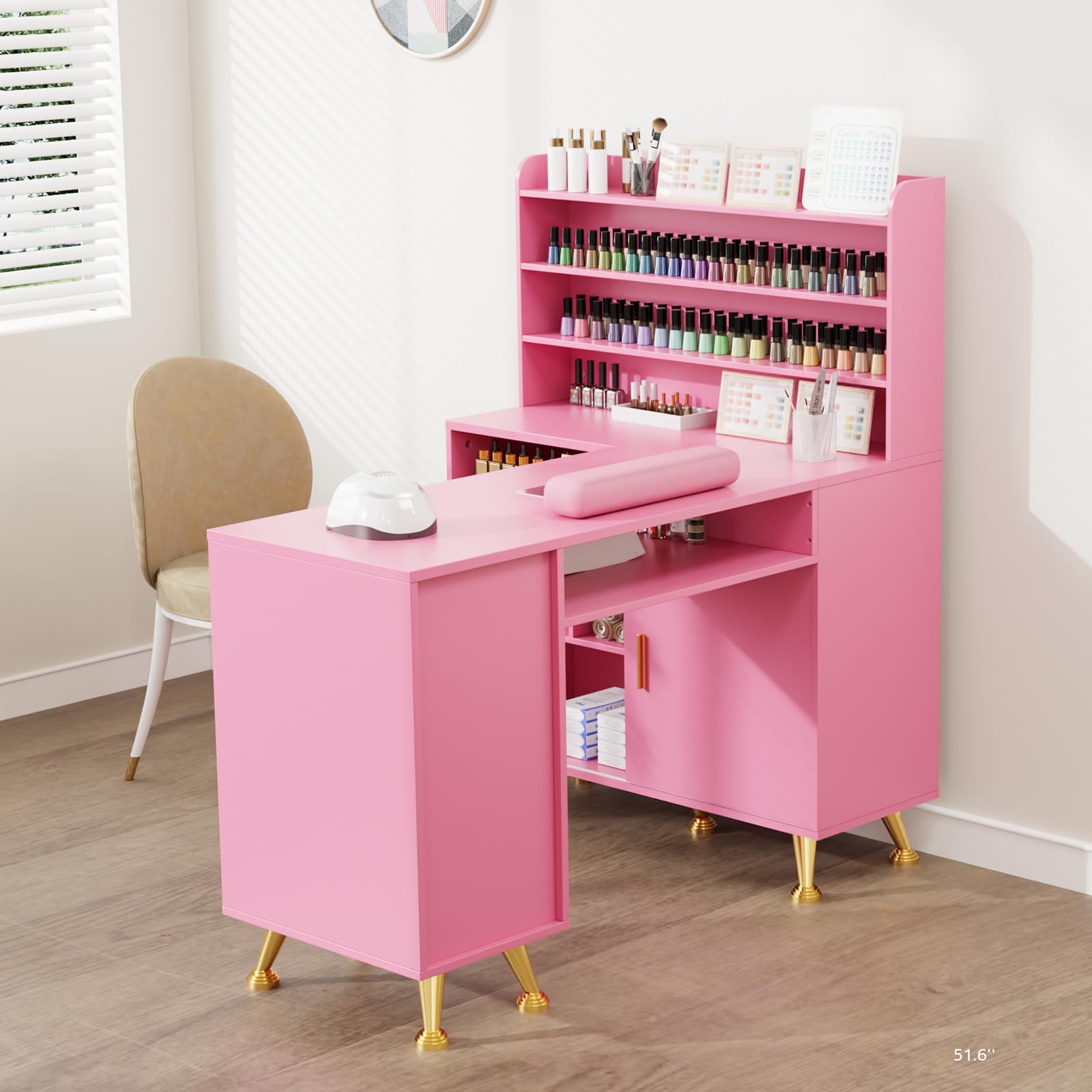 OmySalon MT-LS 52" L Shaped Nail Manicure Table w/Polish Display Rack & Electric Dust Collector & Wrist Rest