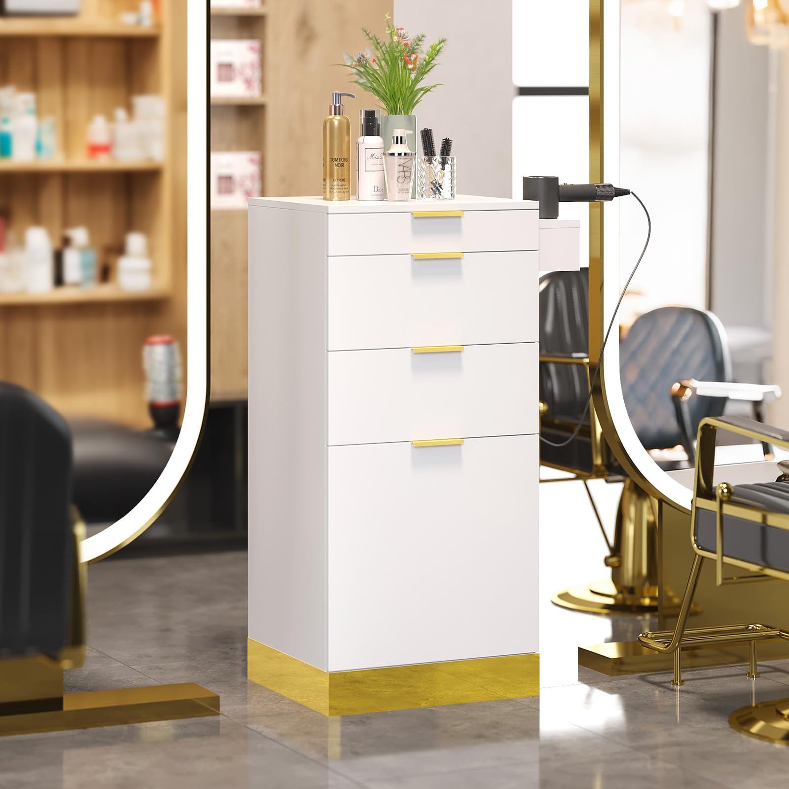 OmySalon SCWS Modern Style Salon Styling Storage Station with 3 Drawers 1 Cabinet 3 Hair Dryer Holders