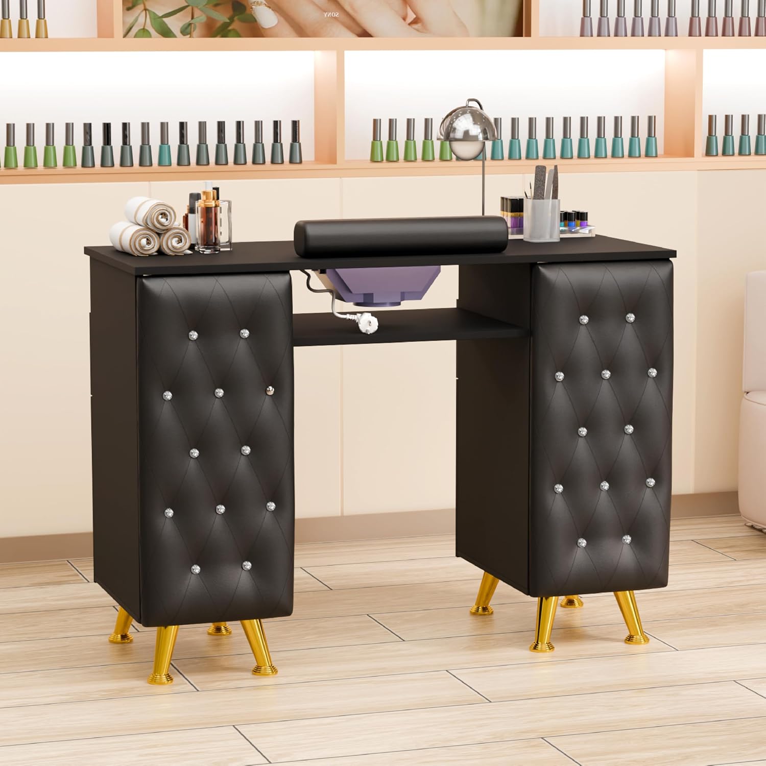 OmySalon MT-SC Nail Manicure Table w/Electric Dust Collector & Wrist Rest & Diamond Decoration