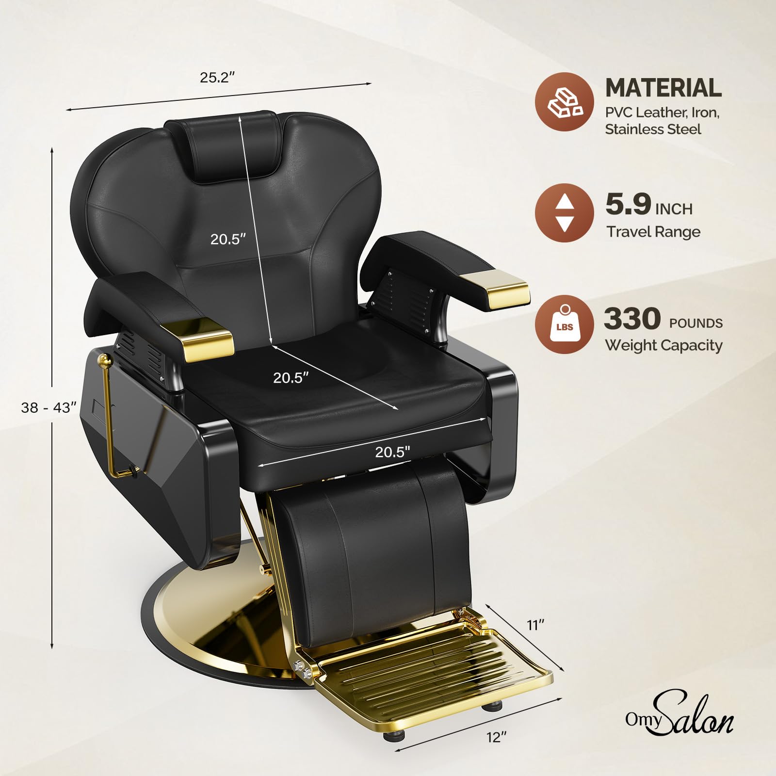 OmySalon BC1202 Classical Style Heavy Duty Hydraulic Reclining Barber Chair