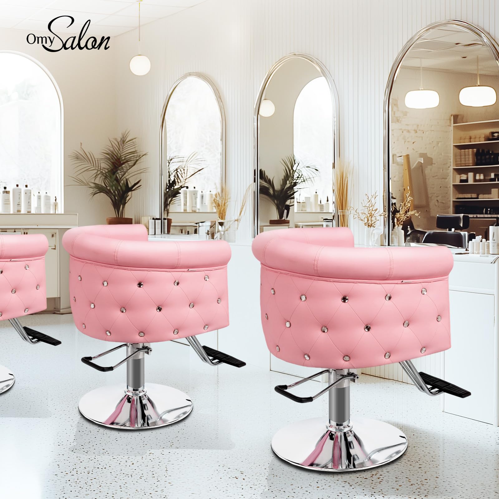 OmySalon SC3101 Modern Heavy Duty Hydraulic Swivel Hair Stylist Salon Chair w/Curved Backrest and Acrylic Button Accents