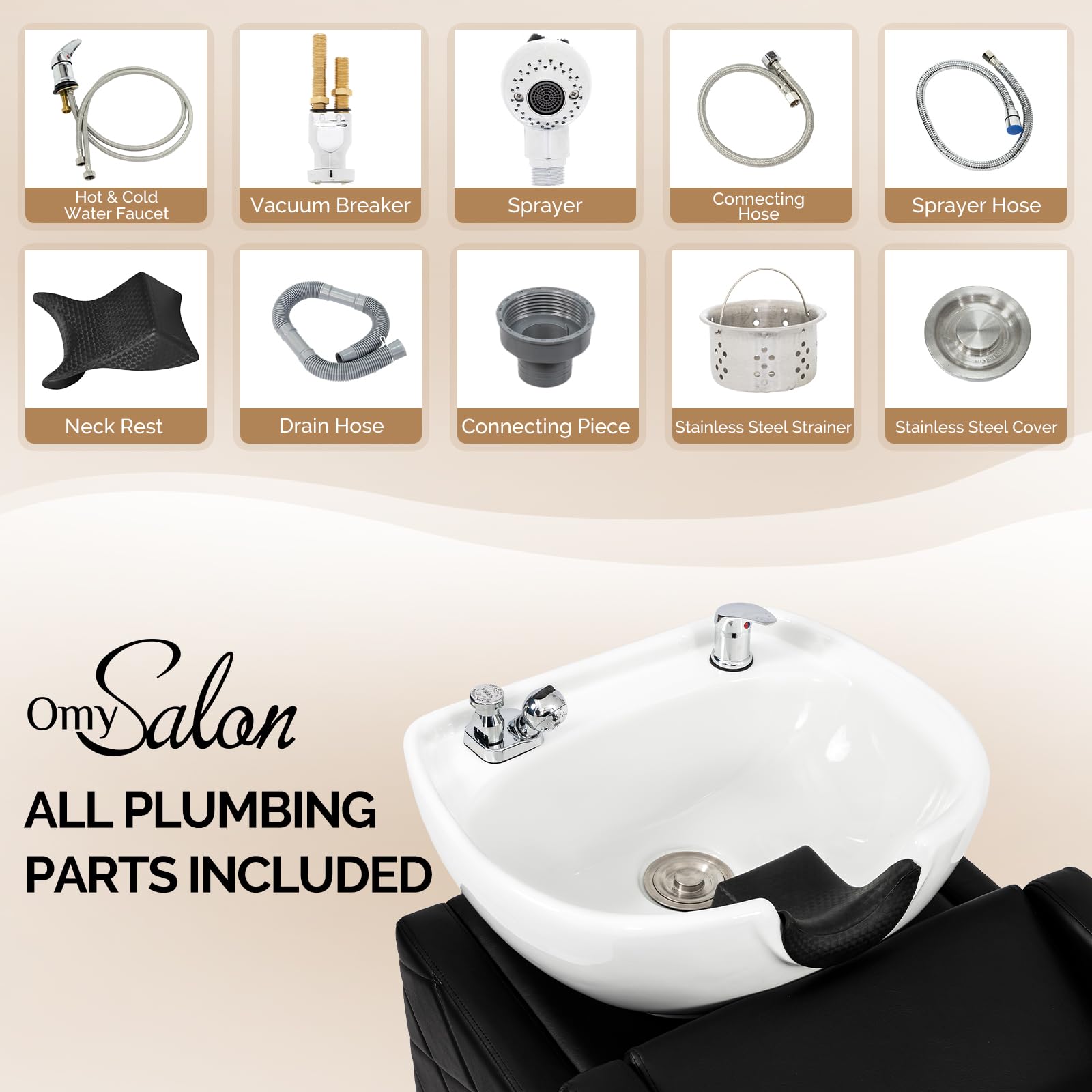 OmySalon BU1701 Salon Shampoo Bowl and Chair Backwash Unit with Large Ceramic Bowl & Freestanding Ottoman