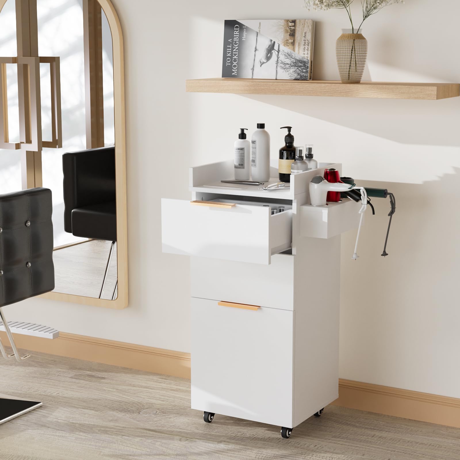 OmySalon ST-2001 Wooden Mobile Salon Trolley Cart w/Wheels & 2 Drawers 1 Storage Cabinet