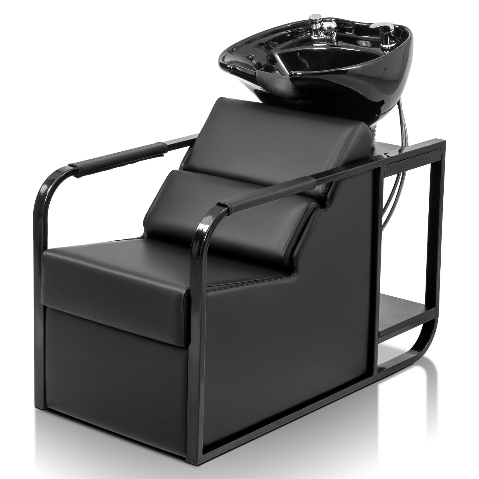 OmySalon BU2201 Salon Shampoo Backwash Chair Unit with Tilting Ceramic Bowl & Storage Shelf