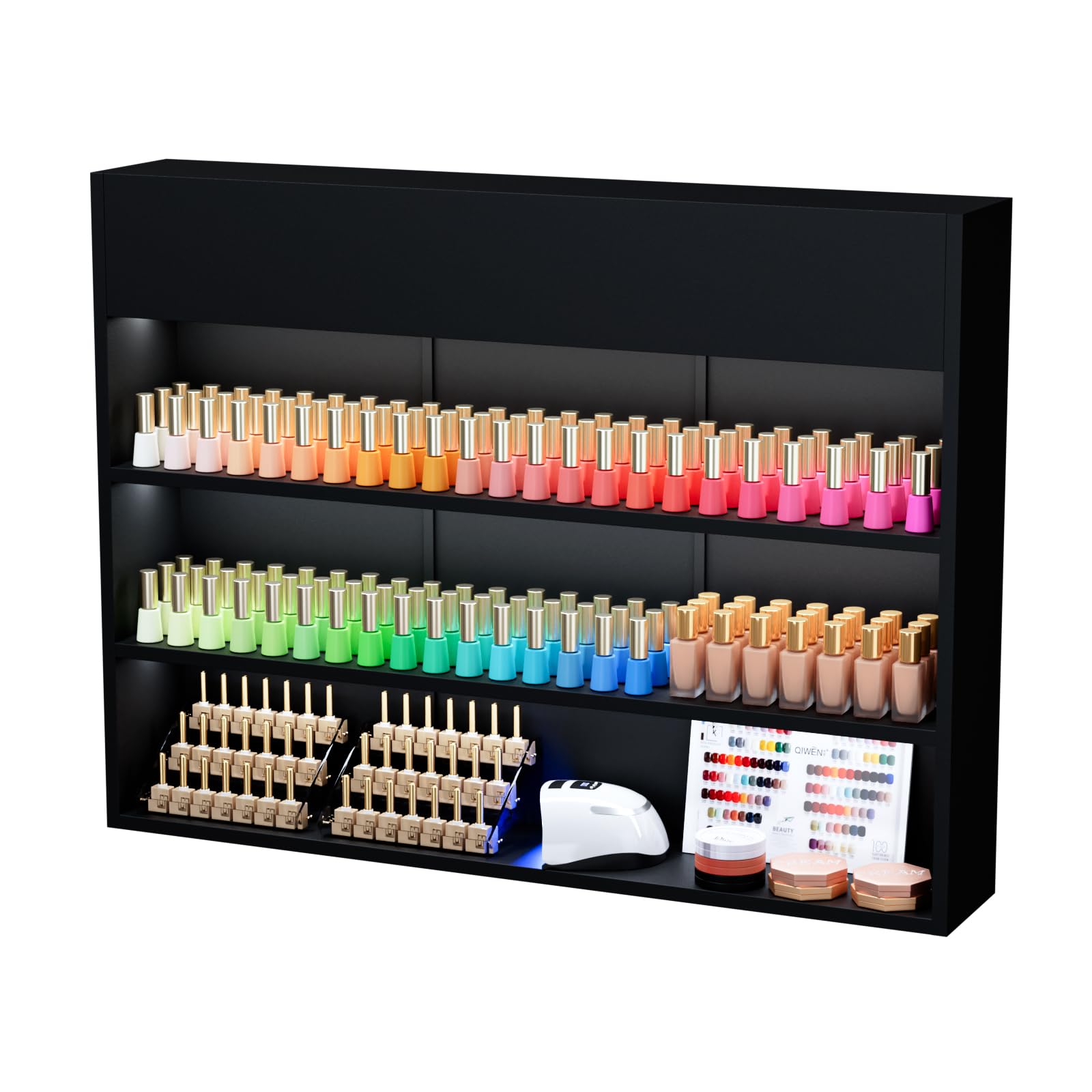 OmySalon 3-Tier Wall Mount LED Wooden Nail Polish Organizer Shelf with USB Touch Control