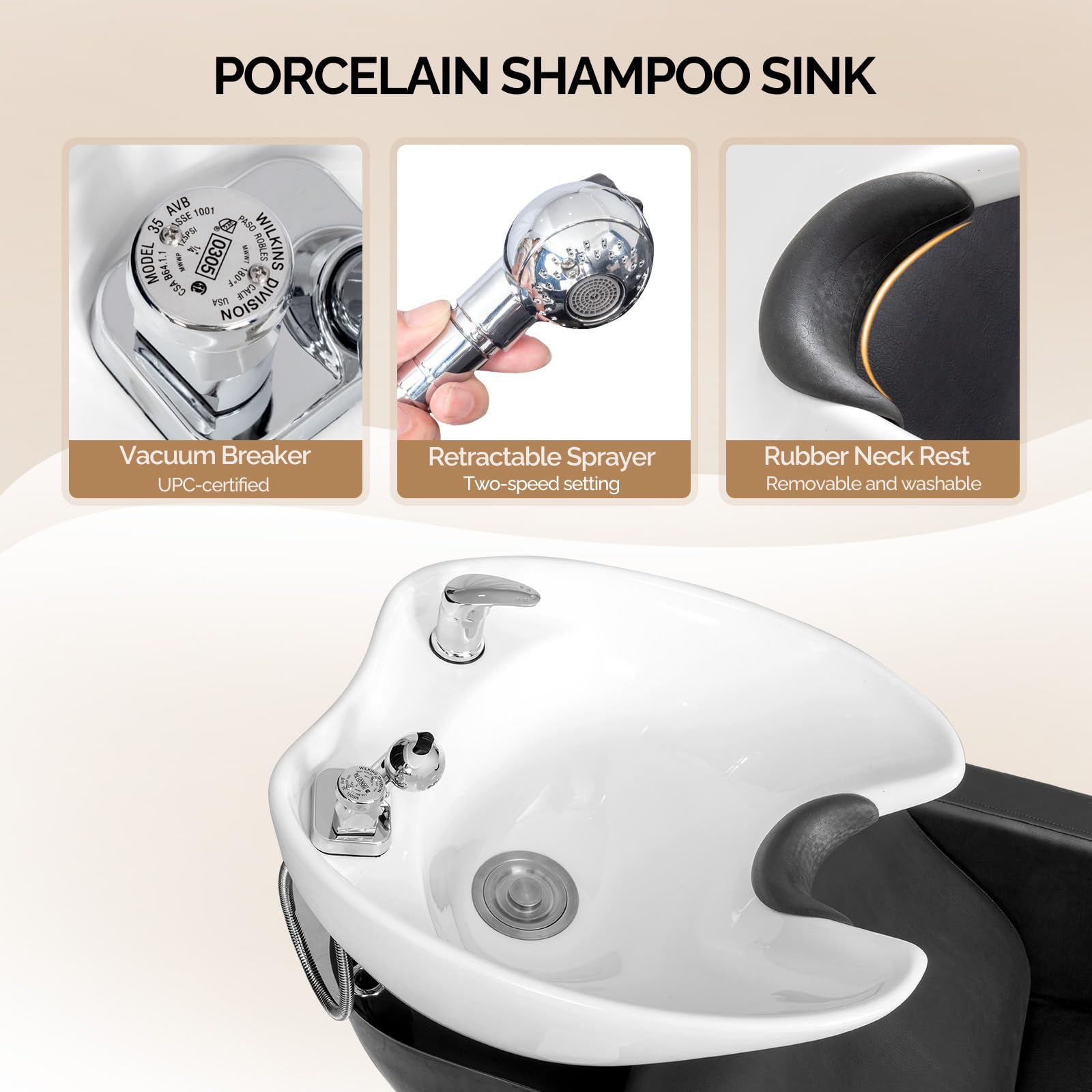 OmySalon BU1401 Salon Shampoo Bowl and Chair Backwash Unit with Extra Wide Seat & Porcelain Hair Washing Sink