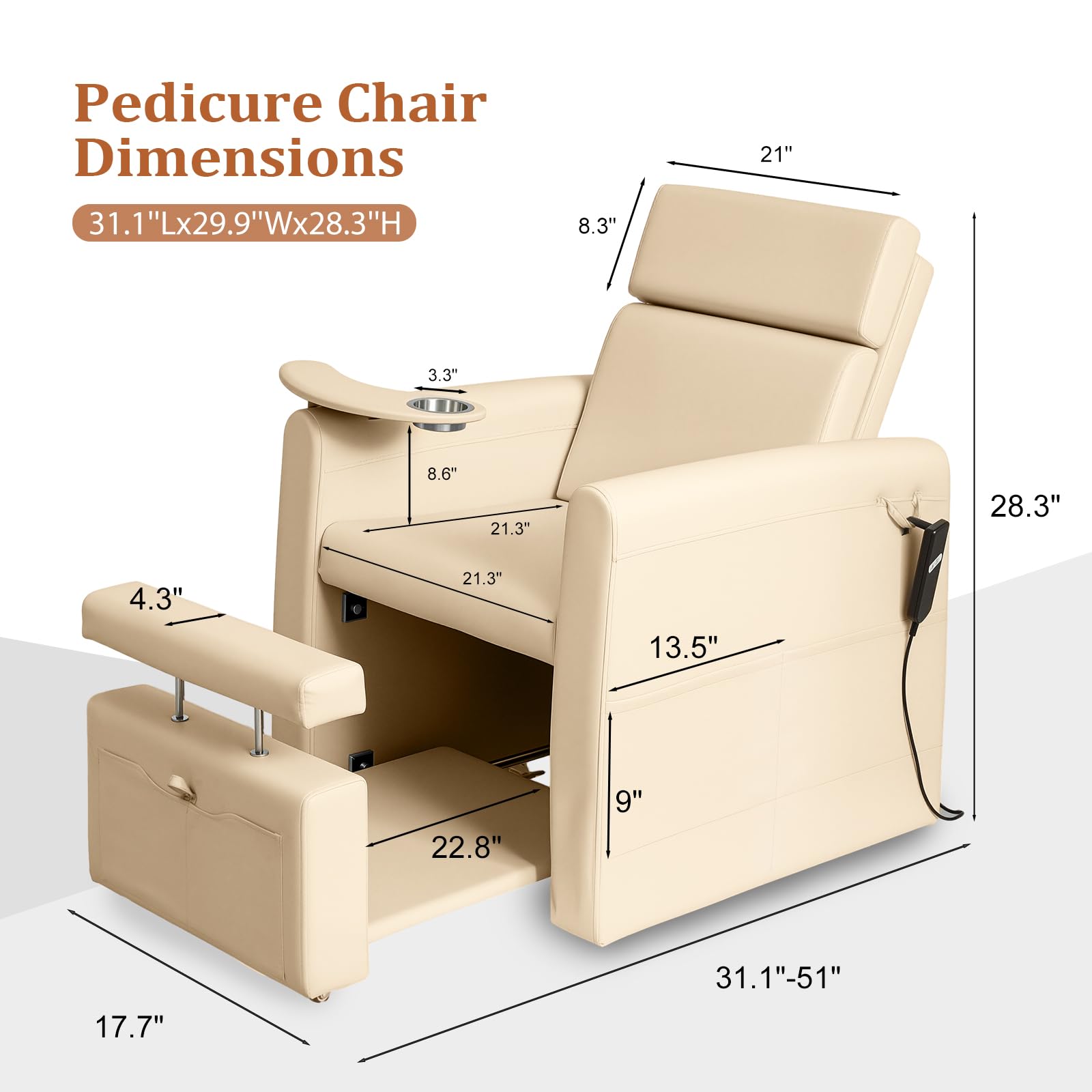 OmySalon PCE-WR Professional Full-Floor Support Electric Pedicure Chair with Adjustable Backrest & Hidden Storage Platfo