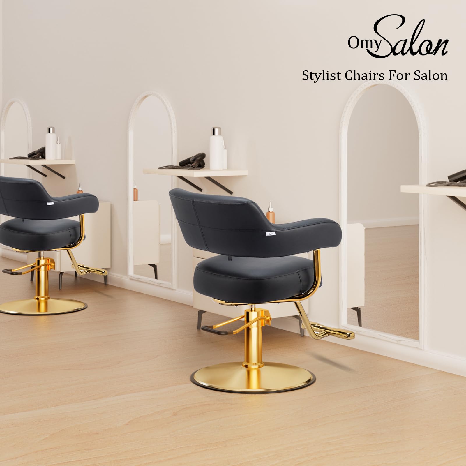 OmySalon SC3301 Heavy-Duty Hydraulic Styling Chair with Open Back & Gold Footrest