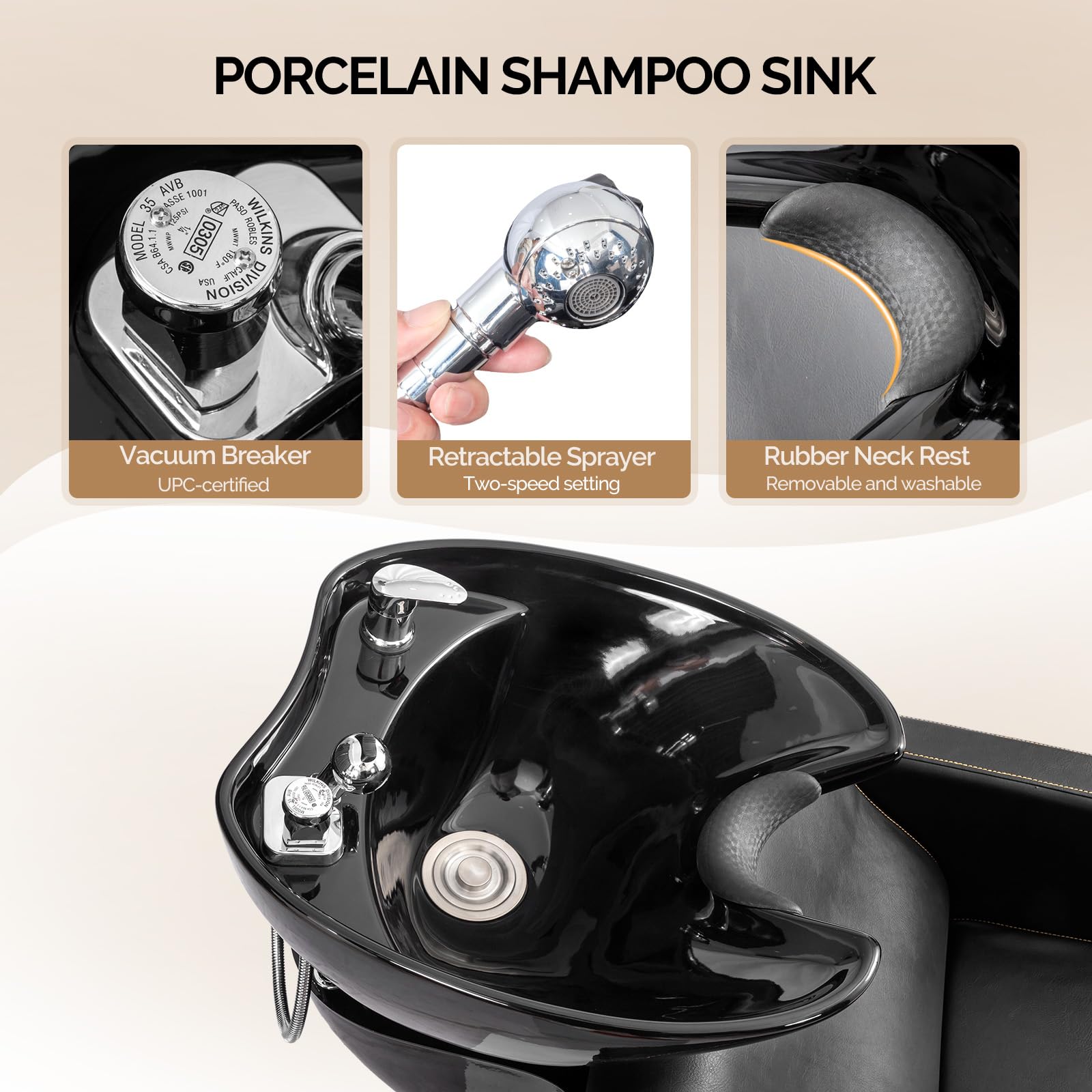 OmySalon BU1401 Salon Shampoo Bowl and Chair Backwash Unit with Extra Wide Seat & Porcelain Hair Washing Sink