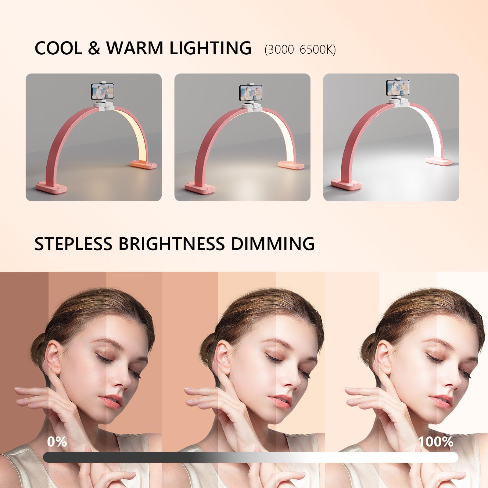 OmySalon 29" Foldable Shadowless Half Moon LED Nail Lamp with 3000-6500K Adjustable Color Temperature, Stepless Dimming & Phone Holder