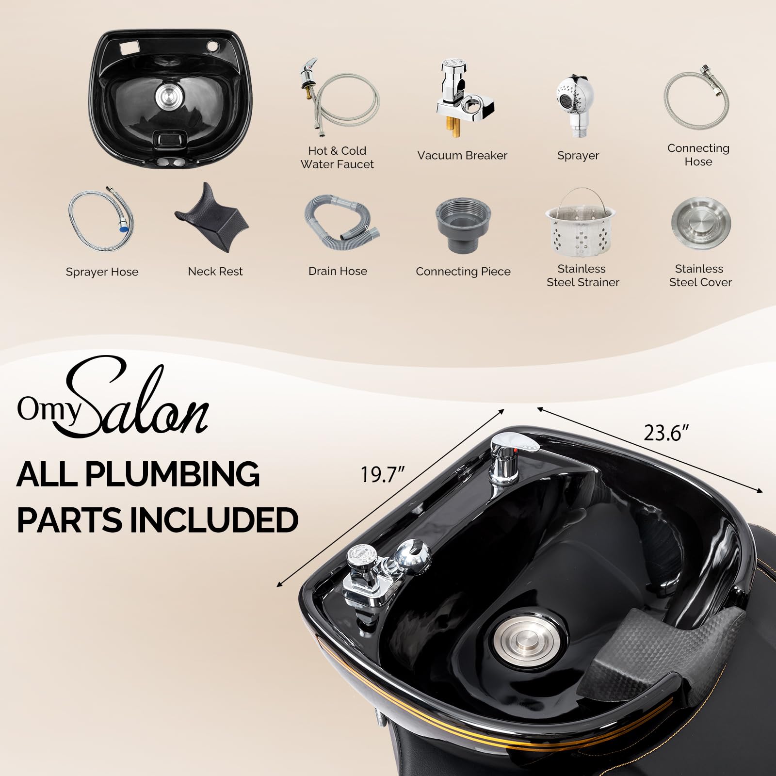 OmySalon BU1301 Salon Shampoo Bowl and Chair Backwash Unit with Extra Large Ceramic Bowl & Freestanding Ottoman