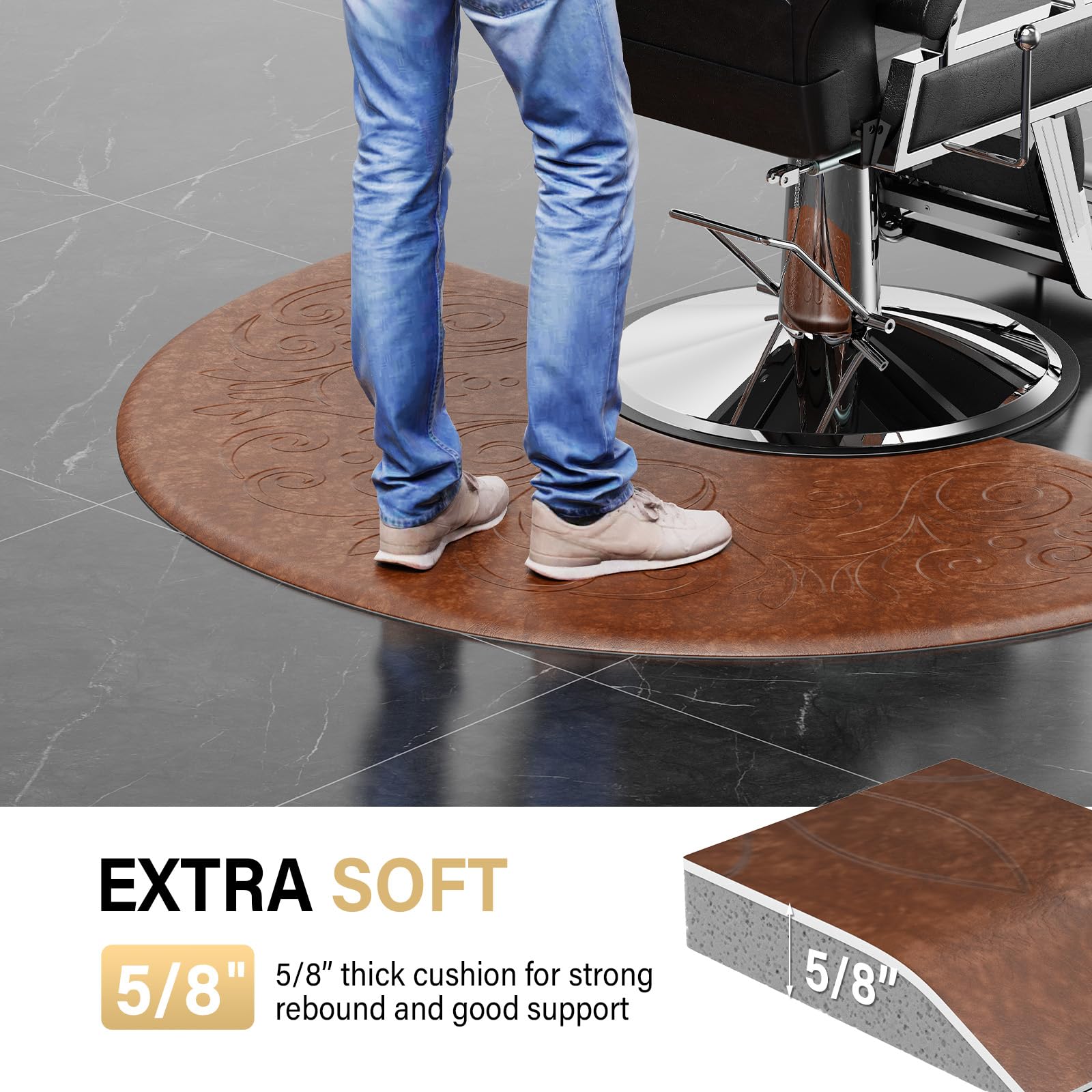 OmySalon 3'x5' Semi-Circle 3D Embossed Anti-Fatigue Salon Mat with Round Cutout 5/8" Thick