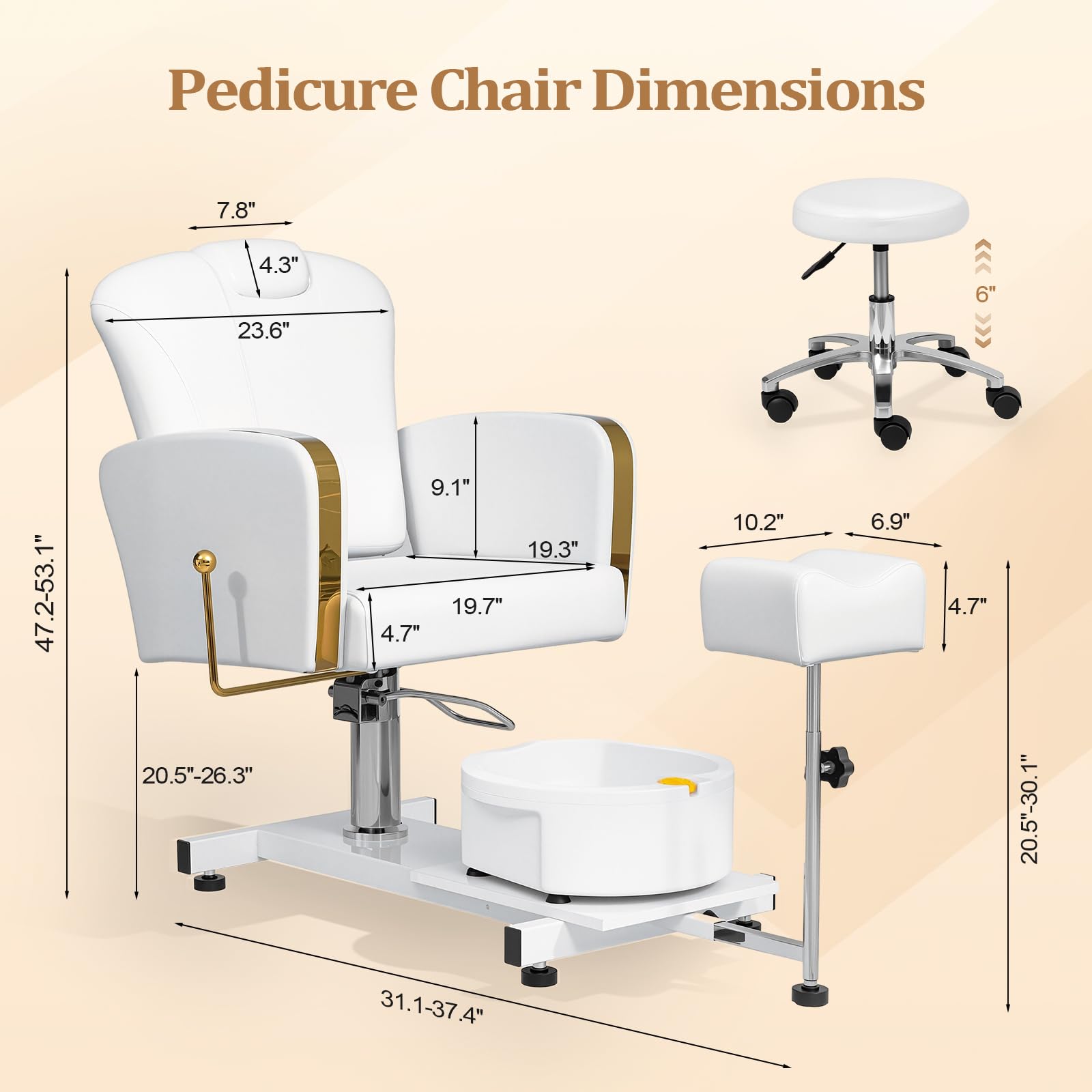 OmySalon PCM-WB 360° Rotation Hydraulic Pedicure Chair with Bubble Foot Bath & Rolling Stool