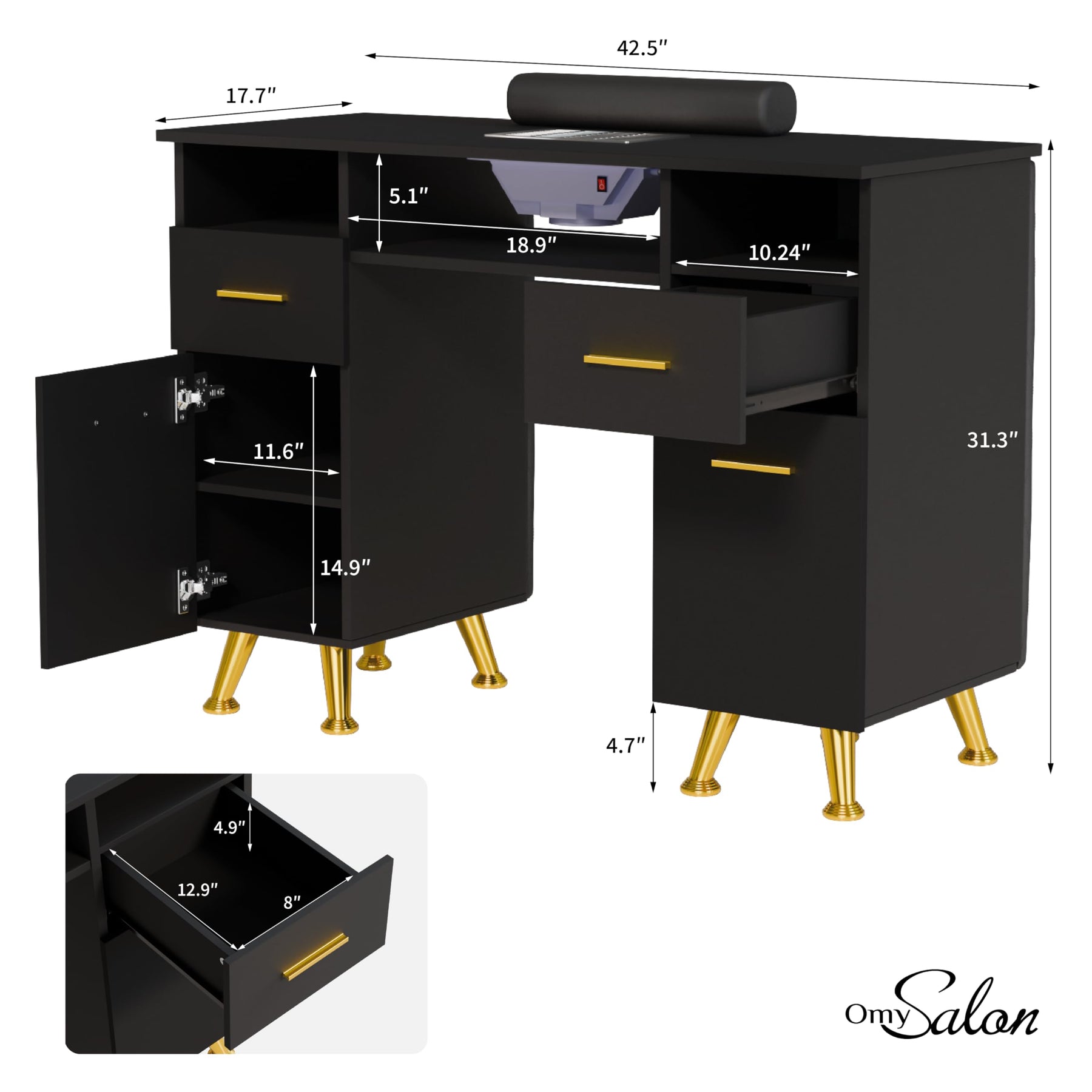 OmySalon MT-SC Nail Manicure Table w/Electric Dust Collector & Wrist Rest & Diamond Decoration