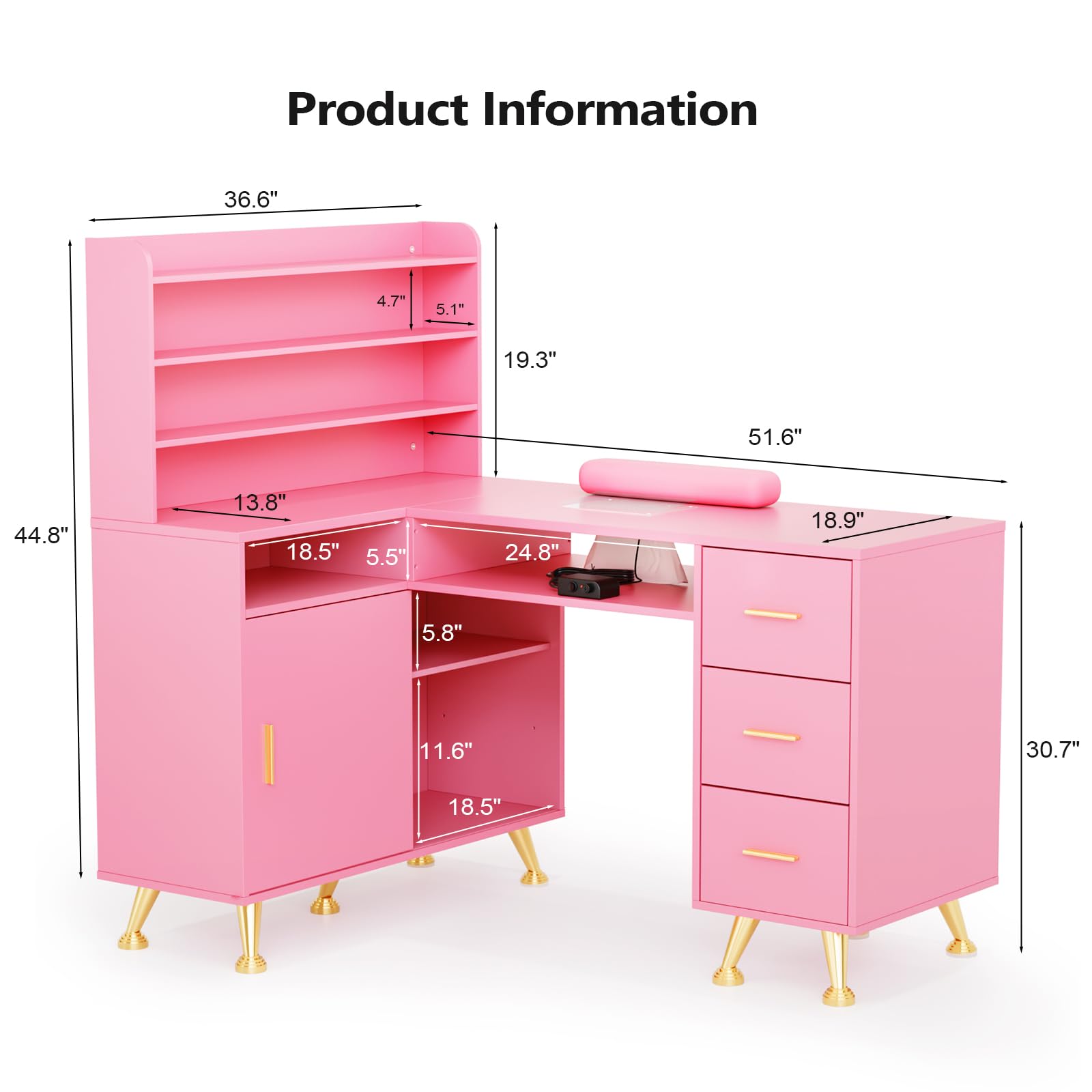 OmySalon MT-LS 52" L Shaped Nail Manicure Table w/Polish Display Rack & Electric Dust Collector & Wrist Rest