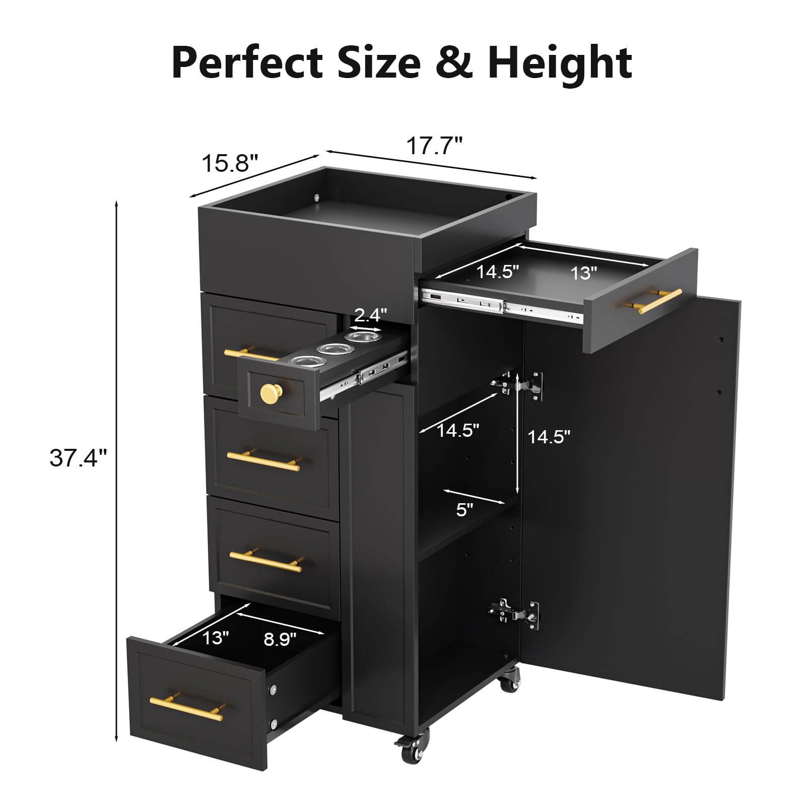 OmySalon SCFD Wooden Mobile Salon Trolley Cart w/Wheels & 5 Drawers 1 Cabinet 3 Tool Holders