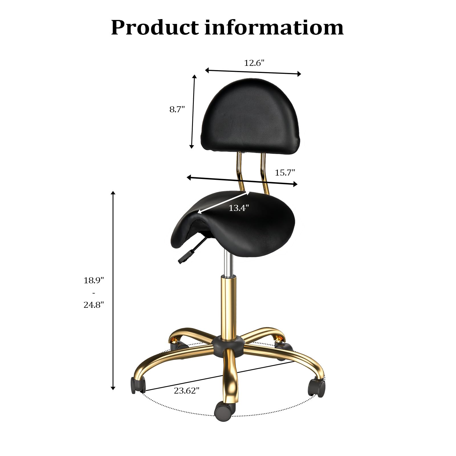 OmySalon Hydraulic Adjustable Rolling Saddle Stool with Back Support