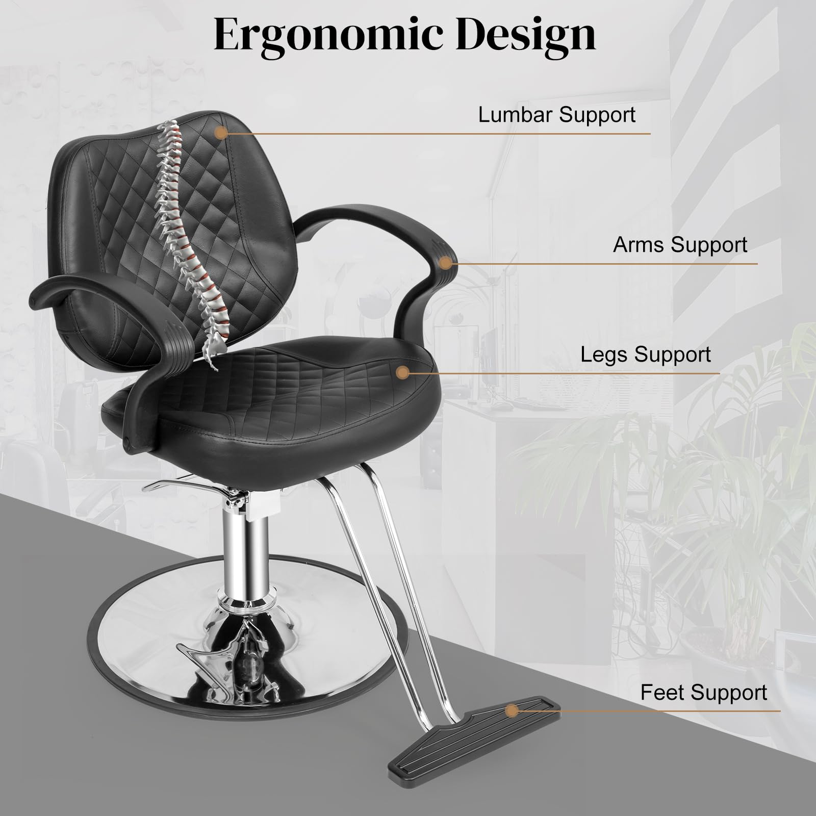OmySalon SC2901 Ergonomic 360-Degree Swivel Hydraulic Hair Stylist Salon Chair with Curved Armrests