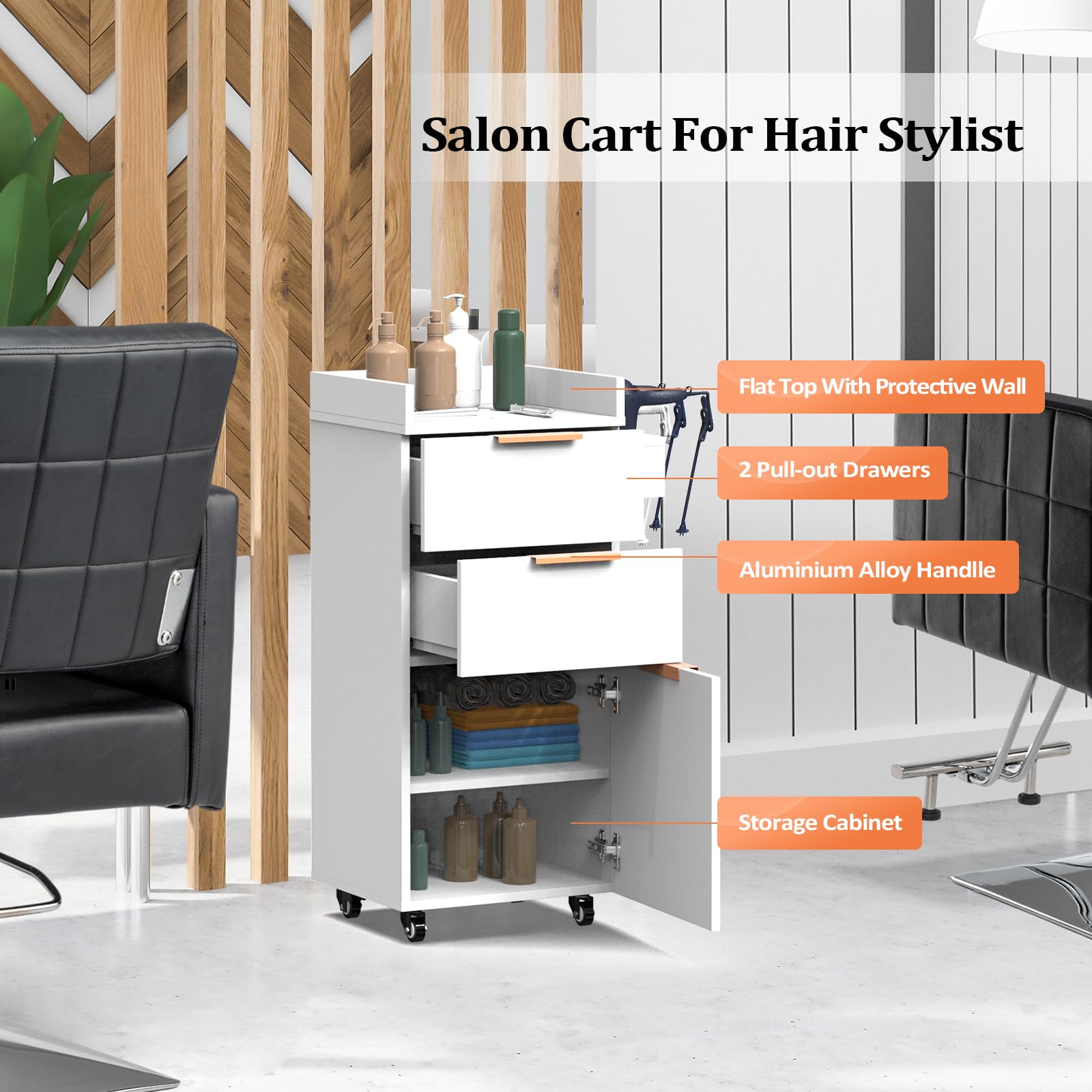 OmySalon ST-2001 Wooden Mobile Salon Trolley Cart w/Wheels & 2 Drawers 1 Storage Cabinet
