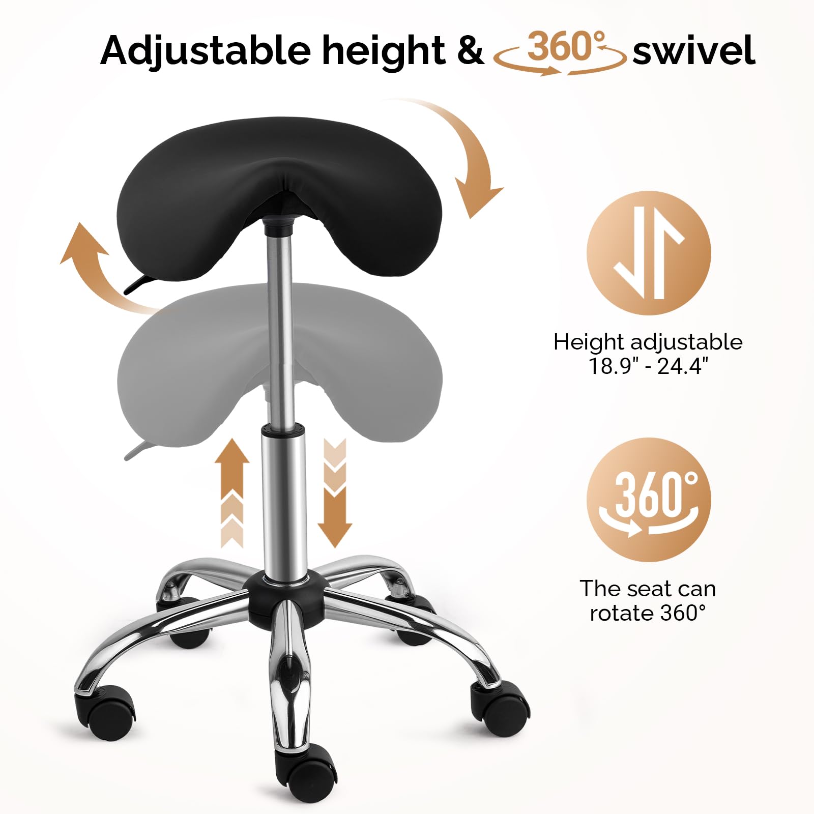 OmySalon Hydraulic Adjustable Rolling Saddle Stool with Swivel Wheels