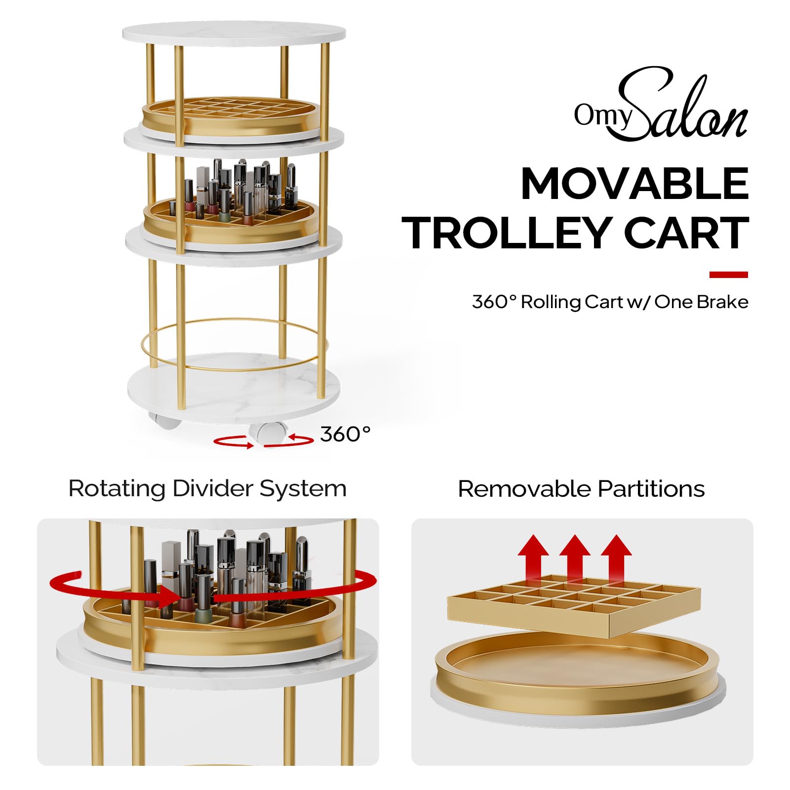 OmySalon MT-WRCT Marbling Manicure Table w/Electric Dust Collector & Rolling Trolley