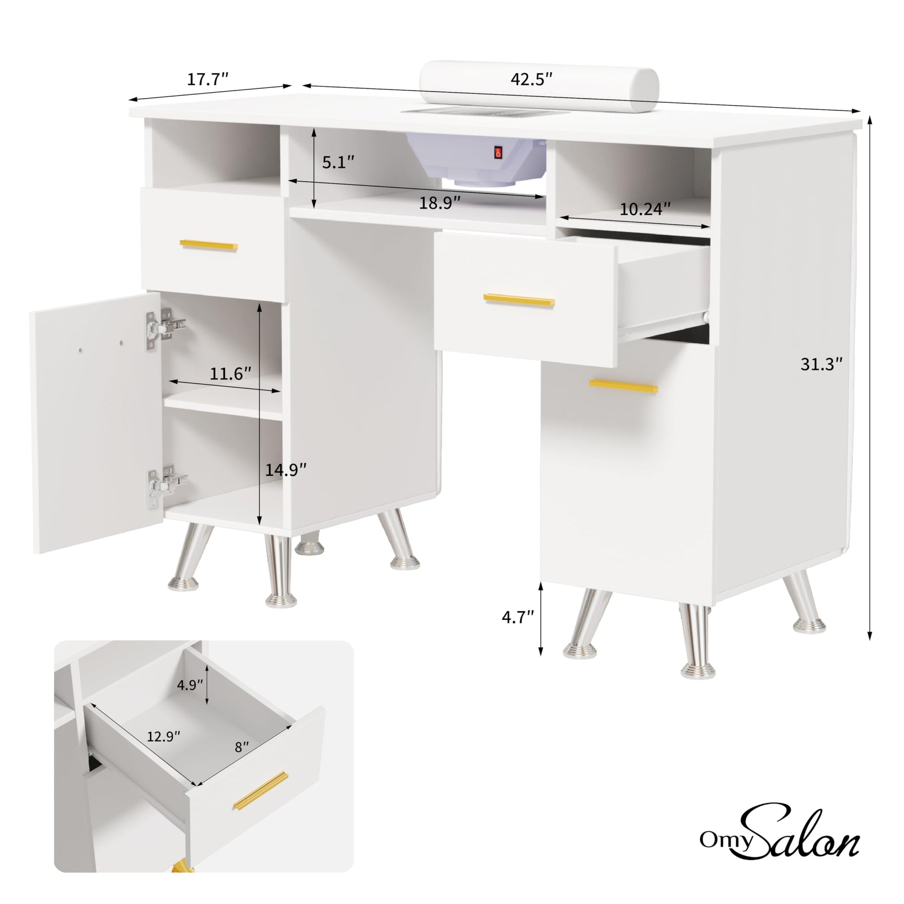 OmySalon MT-SC Nail Manicure Table w/Electric Dust Collector & Wrist Rest & Diamond Decoration