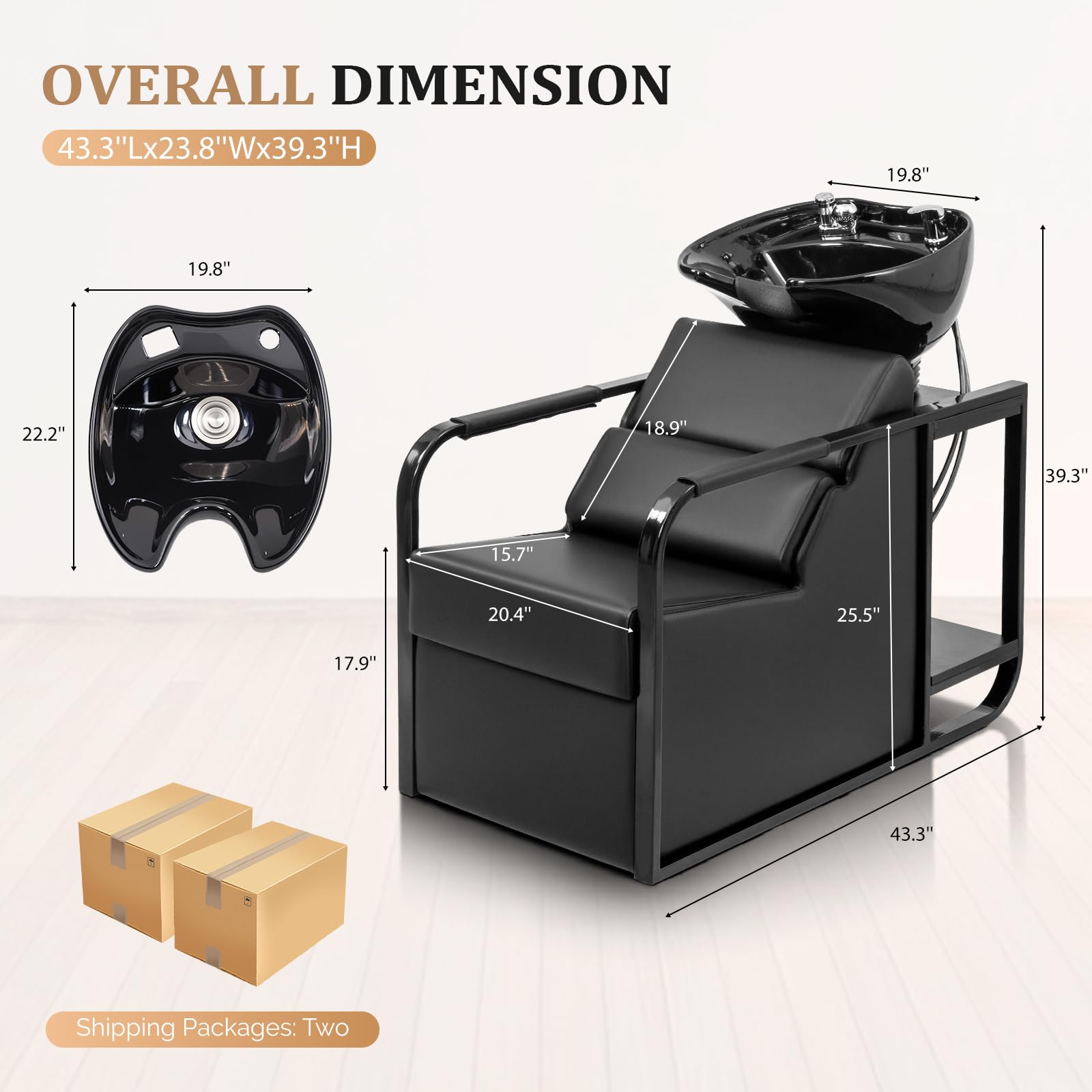 OmySalon BU2201 Salon Shampoo Backwash Chair Unit with Tilting Ceramic Bowl & Storage Shelf