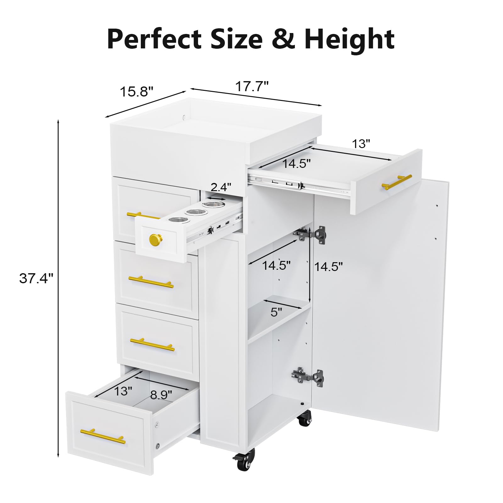 OmySalon SCFD Wooden Mobile Salon Trolley Cart w/Wheels & 5 Drawers 1 Cabinet 3 Tool Holders