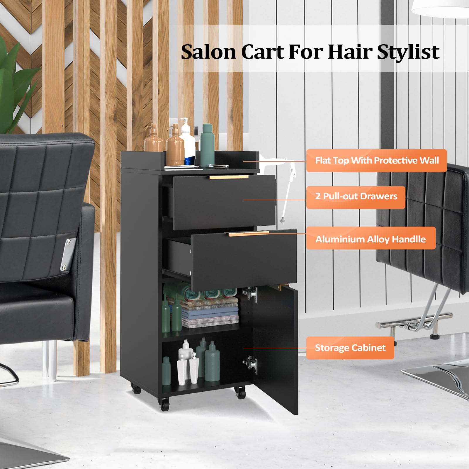 OmySalon ST-2001 Wooden Mobile Salon Trolley Cart w/Wheels & 2 Drawers 1 Storage Cabinet