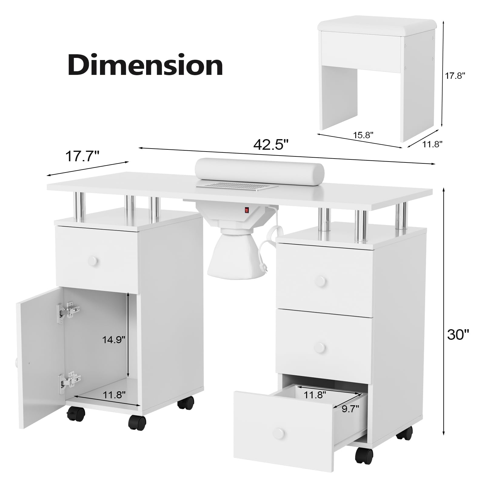 OmySalon MT-DCCH Nail Manicure Table and Chair Set w/Electric Dust Collector & Wrist Rest