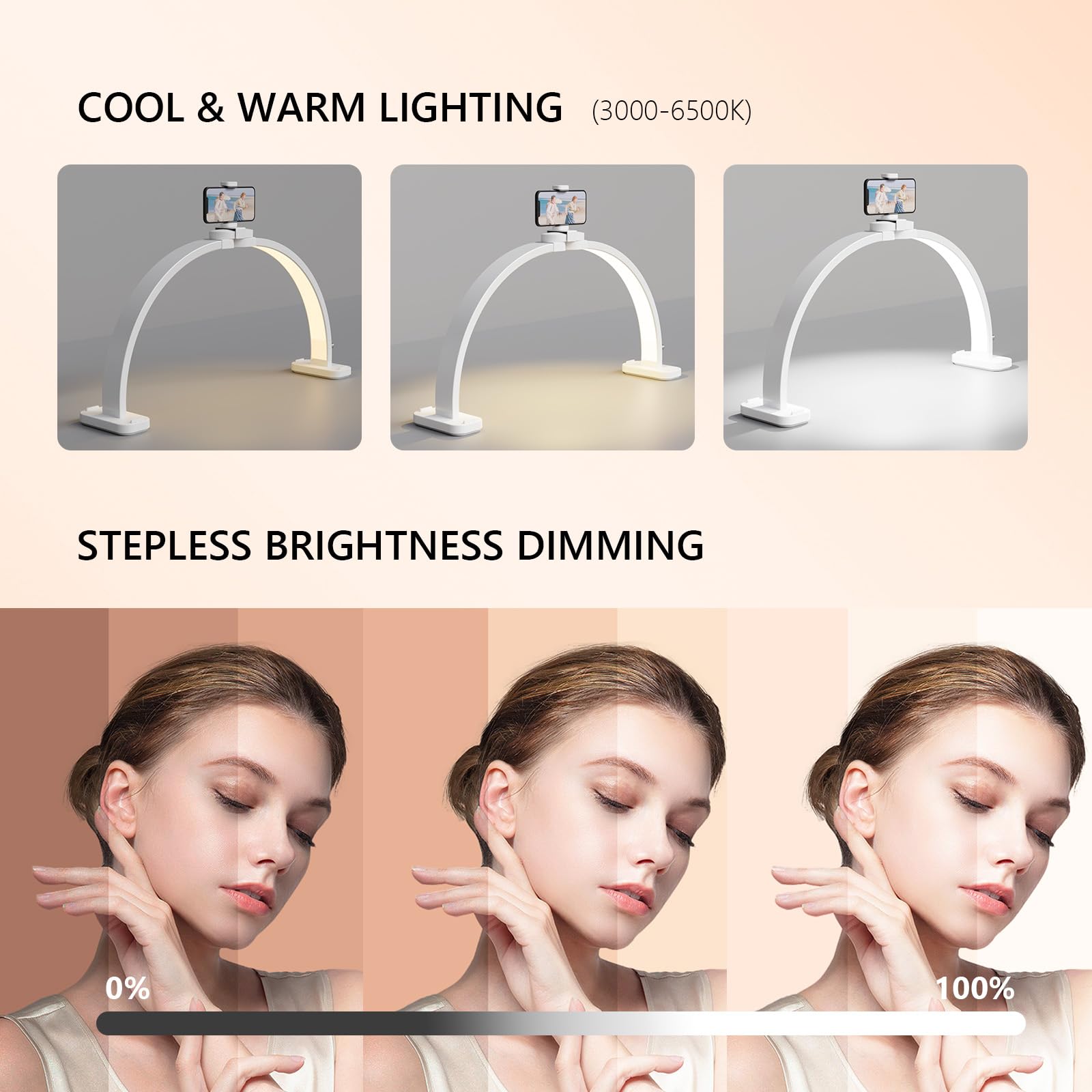 OmySalon 29" Foldable Shadowless Half Moon LED Nail Lamp with 3000-6500K Adjustable Color Temperature, Stepless Dimming & Phone Holder